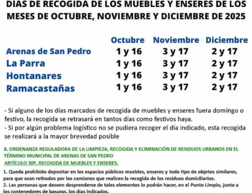 Días de recogida de muebles y enseres de los meses de octubre, noviembre y diciembre de 2025