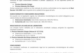 Comunicado analíticas de muestras recogidas en las Piscinas Naturales y Río Pelayo 2 Web del Ayuntamiento de Arenas de San Pedro