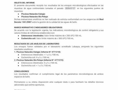 Comunicado analíticas de muestras recogidas en las Piscinas Naturales y Río Pelayo