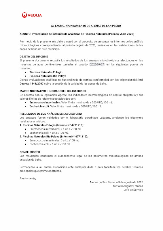 Presentacion de Informes de Analiticas de Piscinas Naturales Periodo Julio 2026 00001 Web del Ayuntamiento de Arenas de San Pedro